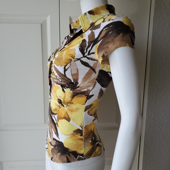Cache Women's Y2k Yellow Short Sleeve Floral Print Blouse Sz Medium - Picture 2 of 8